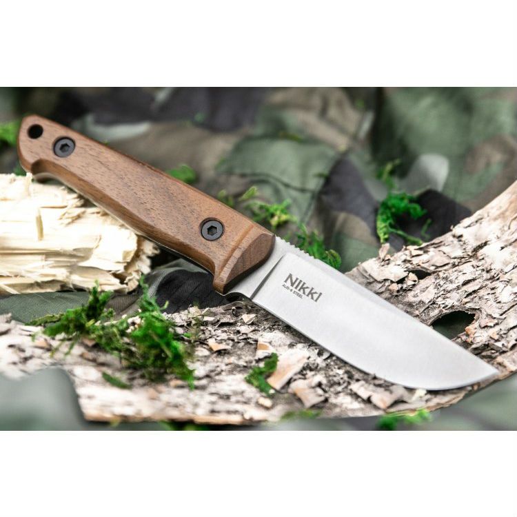 Нож Nikki AUS-8 SW (Stonewash, дерево, кожаный чехол)