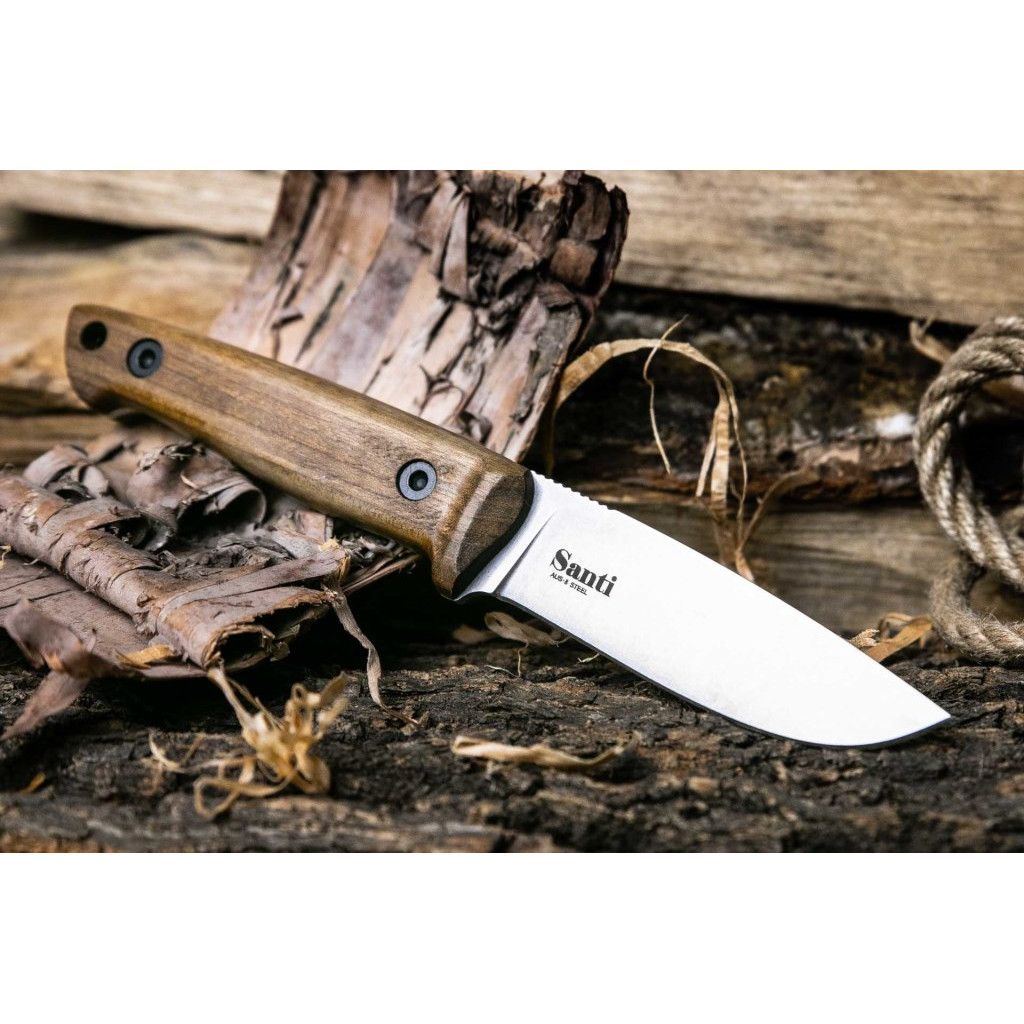 Нож Santi AUS-8 SW (Stonewash, деревянная ручка, кожаные ножны)