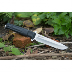 Нож Trident 420HC SW (Stonewash, черная рукоять, кожаный чехол)